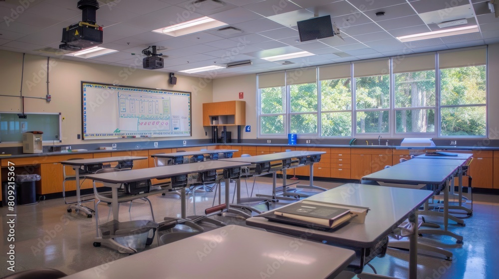 An indoor photo of a modern classroom equipped with desks, biophillia elements, and the latest technology