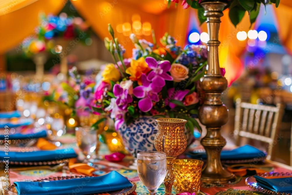 A table is set with vibrant blue and gold place settings, showcasing a cultural fusion wedding theme, A cultural fusion wedding with vibrant colors and traditional elements from both backgrounds