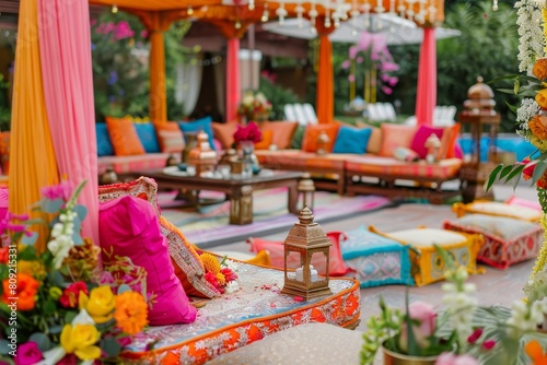 Outdoor area adorned with couches, tables, and flowers for a cultural fusion wedding celebration, A cultural fusion wedding with vibrant colors and traditional elements from both backgrounds © Iftikhar alam