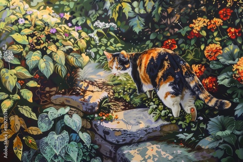 A painting featuring a curious calico cat exploring a garden with colorful flowers and lush greenery, A curious calico cat exploring a garden