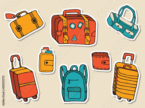 Stickers set of traveling luggage hand drawn vector doodles in flat style. Collection icons of various travel bags of different shapes and styles for trips.