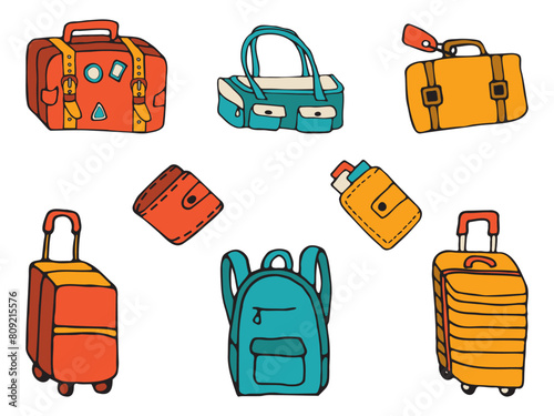 Icon set of traveling luggage hand drawn vector doodles in flat style. Collection icons of various travel bags of different shapes and styles for trips.