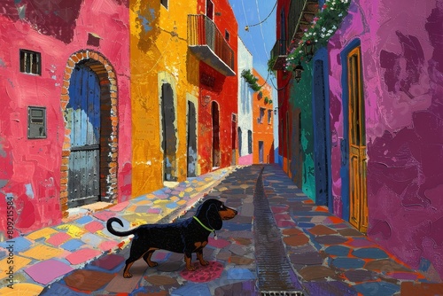 A painting of a dachshund standing in the middle of a vibrant city street, looking curious and alert, A curious dachshund exploring a colorful city street