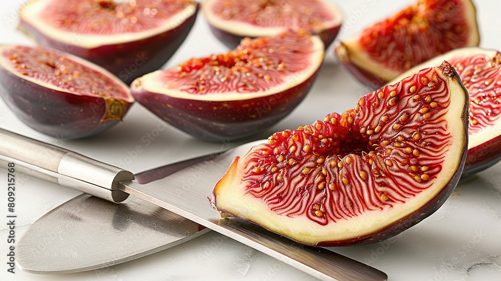 A cutting board with sliced figs next to a knife and a knife on top of the board A cutting board with sliced figs next to a knife and a knife on top of the board