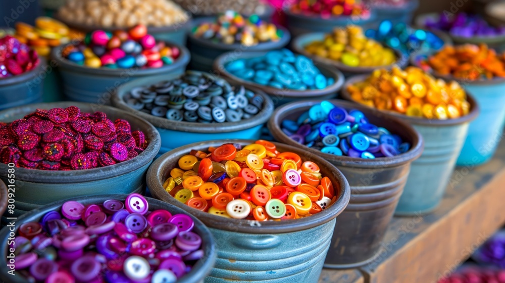 Fototapeta premium Colorful buttons in bowls at a market stall