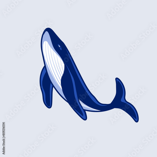 Swimming blue whale in flat style. Large mammal isolated under the sea. Animalistic vector illustration.
