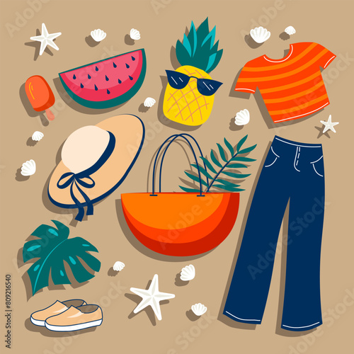 Set of cartoon summer beach things. Fruits, leaves, shells and starfish on the sand. Traveling mood vector illustration. Collection of season food, clothes and symbols.

