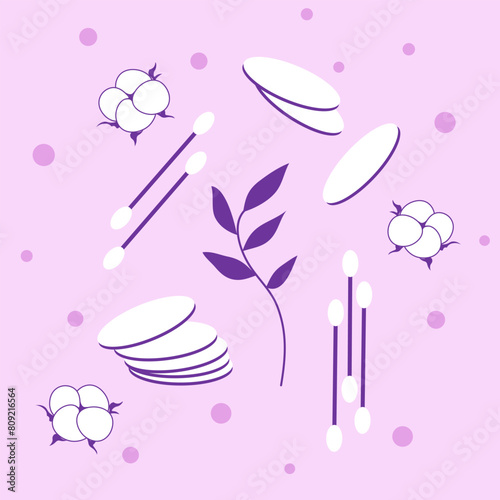 Set of soft hygienic pads and sticks. Consumables for personal skin care and cleanliness. Bathroom accessories vector illustration.
