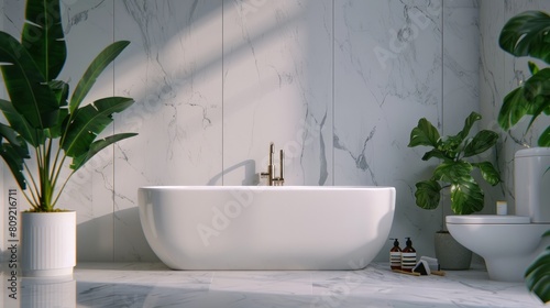 A sophisticated 3D render of a modern luxury bathroom interior  captured from a low-angle shot for a dramatic perspective