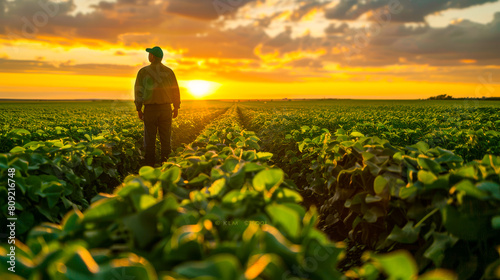 Sunset View: Farmer in Green Soybean Field
 photo