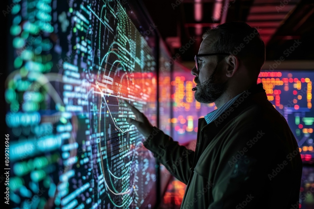 A man standing in front of a large data display, analyzing network vulnerabilities as a cyber defense strategist, A cyber defense strategist mapping out network vulnerabilities A man standing in front of a large data display, analyzing network vulnerabilities as a cyber defense strategist, A cyber defense strategist mapping out network vulnerabilities