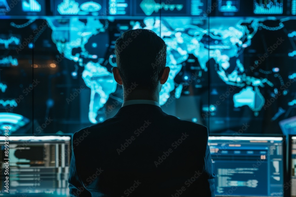 A cyber intelligence analyst standing in front of a computer screen, monitoring online threat activities, A cyber intelligence analyst monitoring online threats A cyber intelligence analyst standing in front of a computer screen, monitoring online threat activities, A cyber intelligence analyst monitoring online threats
