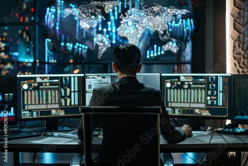 A cyber intelligence analyst sits at a desk in front of two computer monitors, monitoring online threats, A cyber intelligence analyst monitoring online threats