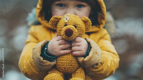 Child Holding Broken Toy, Symbolizing Fear and Sadness photo