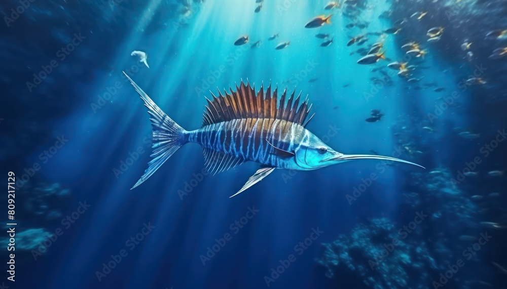 Fototapeta premium Ikan marlin besar di lautan biru, pemandangan hewan lautan yang memukau