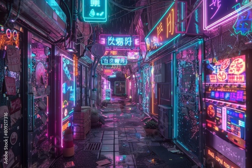 A cyberpunk alley bathed in neon lights with vibrant signs illuminating the scene, A cyberpunk alleyway with glowing neon signs and holographic advertisements