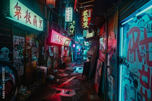 A narrow alley with colorful neon signs and graffiti on the walls  A cyberpunk alleyway with glowing neon signs and holographic advertisements