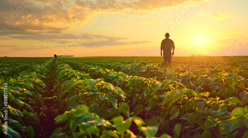 Agricultural Beauty  Farmer and Sunset in Soybean Field 