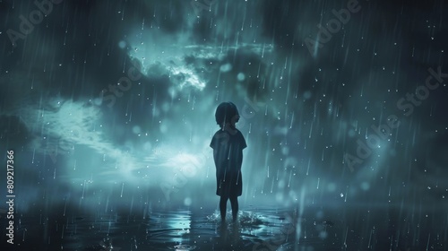 Child in Rainstorm with Raindrops and Bokeh Lights