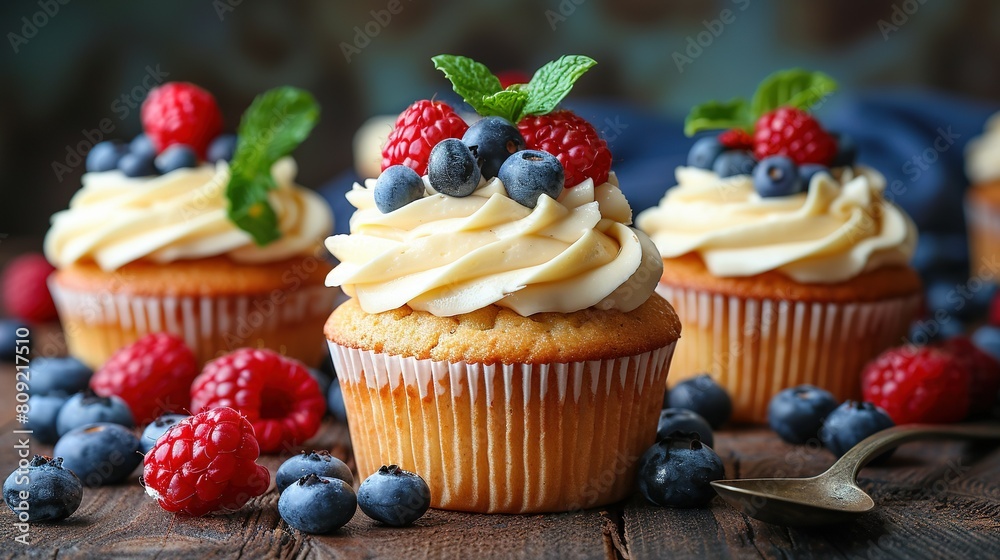   A close-up of cupcakes adorned with frosting and berries resting on a wooden table, complete with a spoon and fork