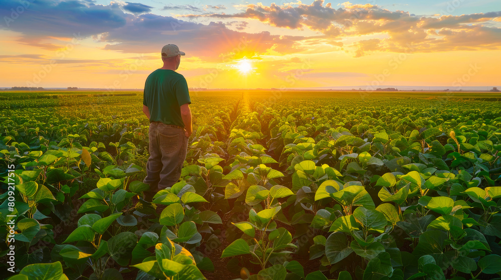 Agricultural Beauty: Farmer and Sunset in Soybean Field
