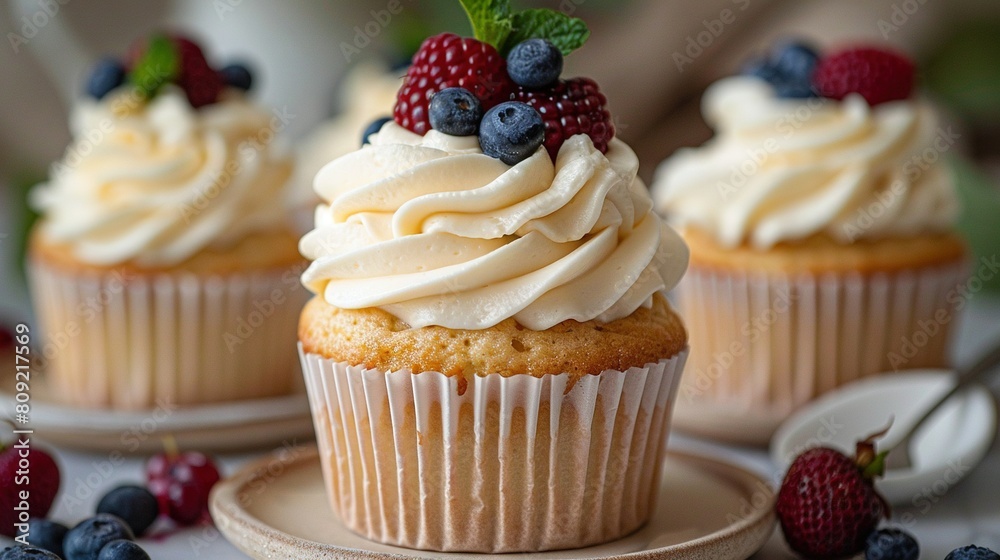   A close-up of a cupcake with frosting and berries on a plate surrounded by other cupcakes