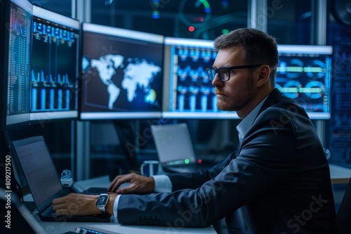 A cyber risk analyst is sitting at a desk in front of a computer, assessing potential impacts, A cyber risk analyst assessing the potential impact of a security breach
