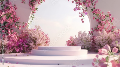 3d render. Podium background flower rose product pink 3d spring table beauty stand display nature white.