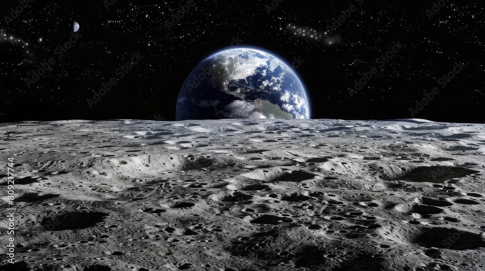 Obraz premium A breathtaking view of Earth, vividly seen from the moon's surface, highlighting the vastness and beauty of space.
