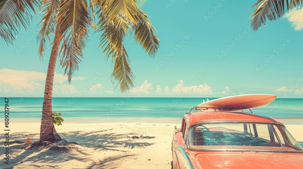 A classic vintage car parked on a sandy tropical beach, with a ...