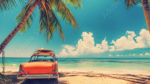 A classic vintage car parked on a sandy tropical beach  with a surfboard ready for adventure on its roof