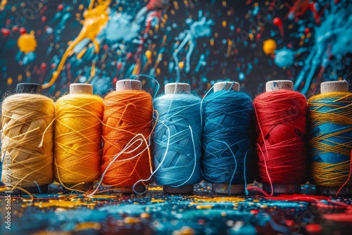 Still life of colorful spools of thread with paint splatters in the background