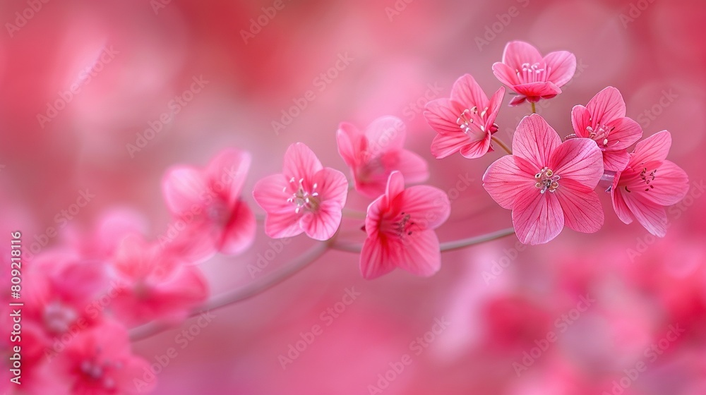   Pink flowers atop a green branch, surrounded by more pink blooms
