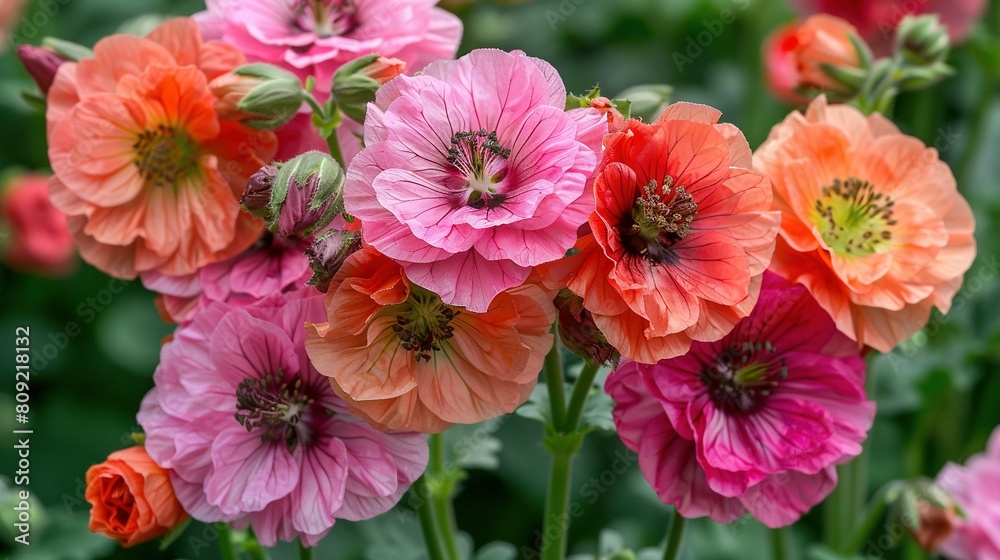 A field of vibrant pink and orange blossoms against a lush green backdrop and a prominent green leaf in the foreground A field of vibrant pink and orange blossoms against a lush green backdrop and a prominent green leaf in the foreground
