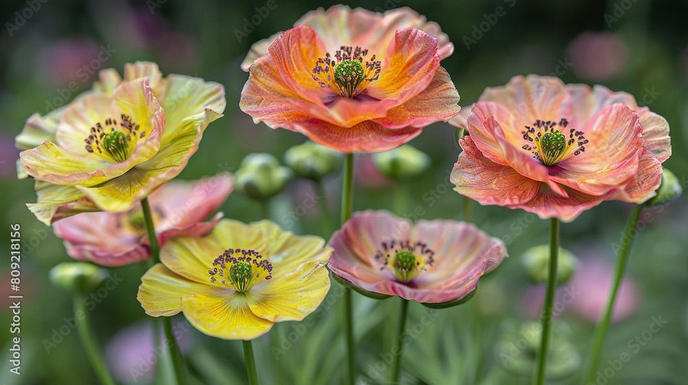 A close-up shot of a field full of colorful blooms, including pink and yellow, against a lush green backdrop A close-up shot of a field full of colorful blooms, including pink and yellow, against a lush green backdrop