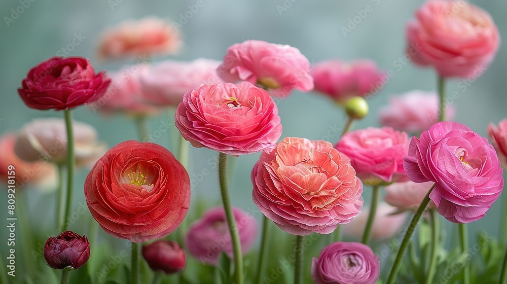 Fototapeta premium Pink and red flowers surrounded by pink in a pink field