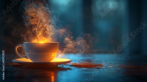 A fragrant cup of steaming coffee, captured in exquisite detail as wisps of steam rise photo