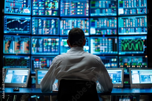 A cybersecurity expert sits at a desk, analyzing network traffic on a wall of computer monitors, A cybersecurity expert monitoring network traffic in a control room