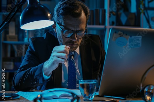 A man in a suit and tie examining information on a laptop screen, A cybersecurity forensics expert collecting evidence for a legal case