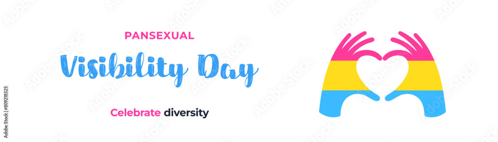 Pansexual Awareness and Visibility Day 24th May, pansexual flag in a hands heart love gesture. Hand heart love gesture pansexual pride flag. Pansexual Visibility Day vector banner. Pansexual Awareness and Visibility Day 24th May, pansexual flag in a hands heart love gesture. Hand heart love gesture pansexual pride flag. Pansexual Visibility Day vector banner.