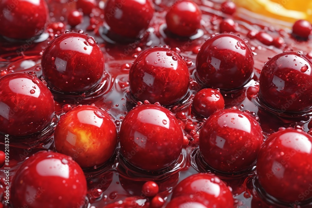 Water-Kissed Ruby: Red Orbs Up Close on a Radiant Yellow Canvas Water-Kissed Ruby: Red Orbs Up Close on a Radiant Yellow Canvas