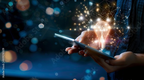 Abstract. Innovation. Hands holding tablet with light bulb future technologies and network connection on virtual interface background, innovative technology in science and communication concept