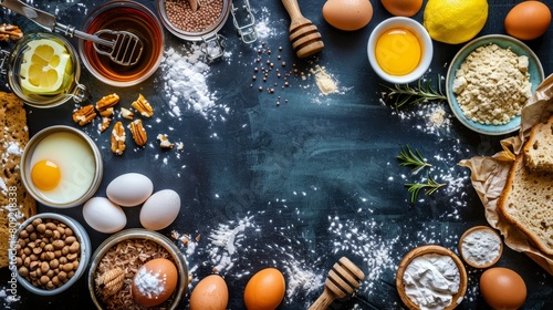   A table laden with various foods adjacent to eggs, bread, butter, and other necessities photo