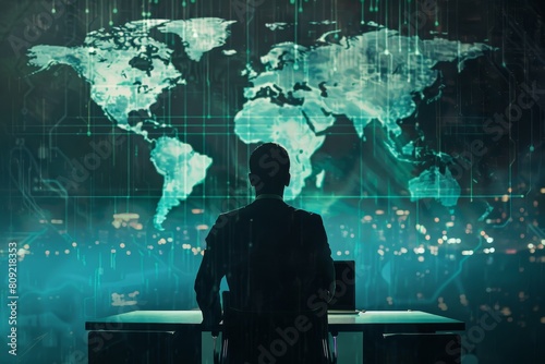A man stands in front of a world map projection, A cybersecurity journalist reporting on the latest cyber security news photo