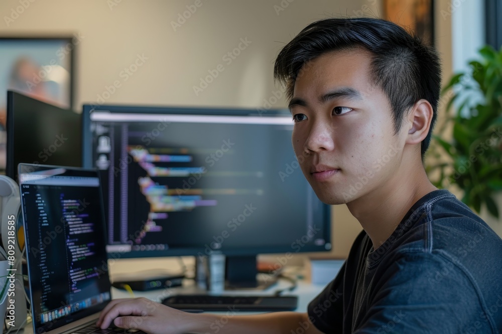 Fototapeta premium A man seated in front of a laptop computer, focusing on his work, A cybersecurity professional conducting a penetration test