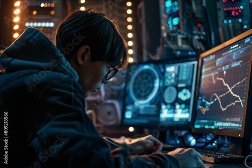 A man sitting in front of two computer monitors, conducting penetration testing, A cybersecurity professional conducting a penetration test