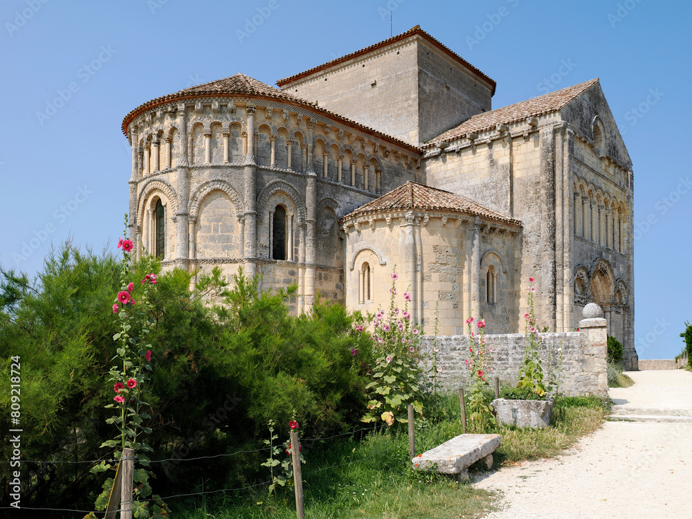 Close-up of church of  Sainte Radegonde on the cliff at Talmont sur Gironde, a commune in the Charente-Maritime department in the Nouvelle-Aquitaine region in southwestern France.