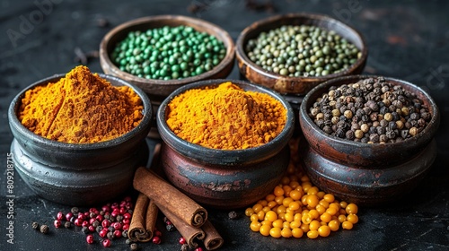   Bowls of assorted spices with cinnamon  green  and yellow beans on black background