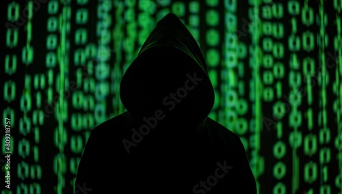 Silhouette of hacker in a hood against a binary code background, depicting a digital crime concept Silhouette of hacker in a hood against a binary code background depicting a digital crime concept