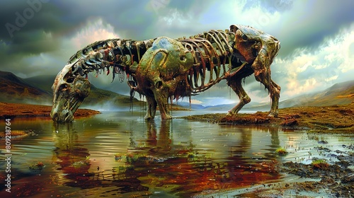 The image shows a dark horse skeleton standing in a lake  the background is a mountain and the sky is gloomy.